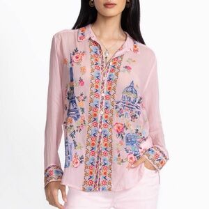 Johnny Was Sydnee Shirt Pink Embroidered Long Sleeve Button Top✨$350 NWT Sz S 🌸